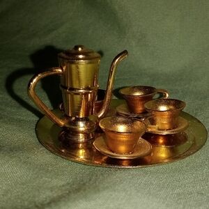 Miniature Doll House Tea Coffee Set Gold Pot Cups Tray